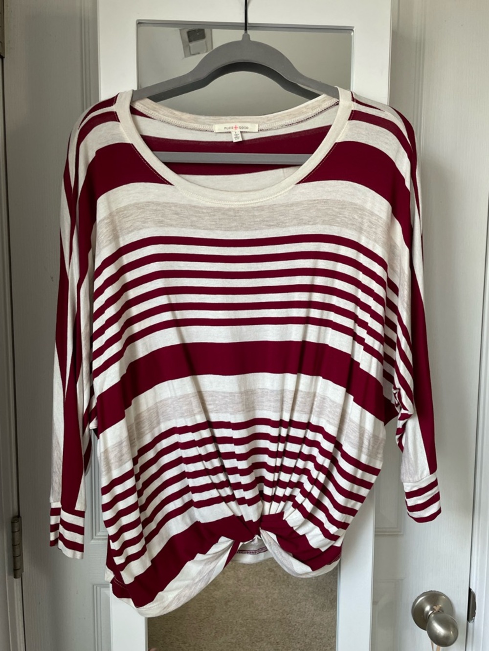 Striped Knot-Front Long Sleeve Top - Burgundy & White